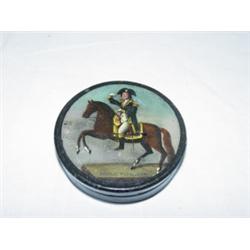 RARE 2 7/8" ROUND PAPIER MACHE SNUFF BOX W/ GEORGE WASHINGTON ON HORSEBACK (GENERAL WASHINGTON)
