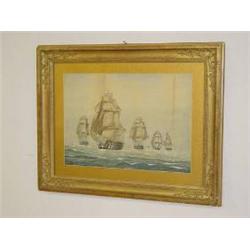 WATERCOLOR - GAUCHE OCEAN SEASCAPE BRITISH NAVAL FLEET SIGNED CJSRN 1866 (14" X 20")