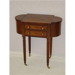 19TH CENT. NEW ENGLAND MAHOGANY MARTHA WASHINGTON SEWING STAND W/ CHERRY DRAWER FRONT ON REEDED LEGS
