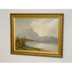 OIL ON ARTIST BOARD LAKE LANDSCAPE, UNSIGNED (14 1/2" X 19 1/2")