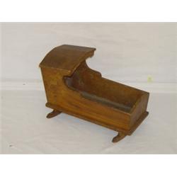 19TH CENT. GRAIN PAINTED DOLLS CRADLE W/ LABEL ON BOTTOM MADE BY AUGUSTA WELLS