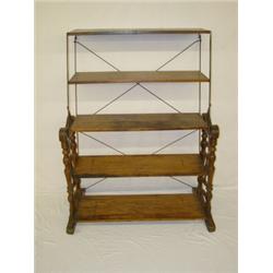 19TH CENT. ADJUSTABLE 5 SHELF COUNTRY STORE DISPLAY RACK W/ A METAL FRAMEWORK IN A WOODEN BASE