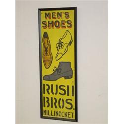 PAINTED TRADE SIGN ON TIN MEN'S SHOES RUSH BROS. MILLINOCKET (36" X 12")