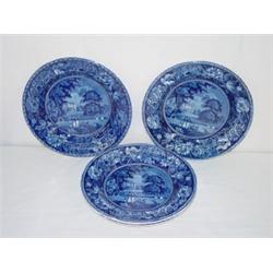 SET (4) 9 3/4" DARK BLUE STAFFORDSHIRE PLATES - PICTURESQUE SCENERY BY R. HALLS - LLANARTH COURT MON