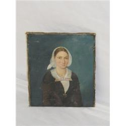 LATE 18TH-EARLY 19TH CENT. SM. UNFRAMED OIL ON CANVAS OF YOUNG LADY IN BONNET, UNSIGNED (9 1/4" X 7 