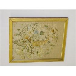 EARLY NEEDLEWORK ON SILK OF CORNUCOPIA IN LEMON GOLD FRAME (11 1/2" X 9 1/2")