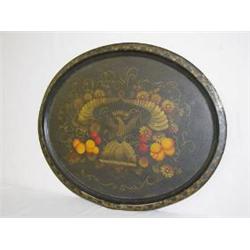 24 1/2" DECORATED TOLWARE TRAY W/ EAGLE CORNUCOPIA & FRUIT