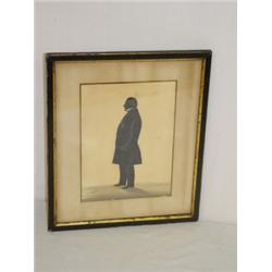 WATERCOLOR SILHOUETTE OF FULL LENGTH GENTLEMAN IN LONG COAT SIGNED S. METFORD LUIT (?)