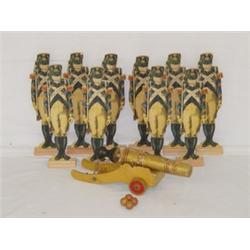SET PAPER LITHO ON WOOD OLD GUARD TEN PINS W/ CANNON BY REED LEOMINSTER MA