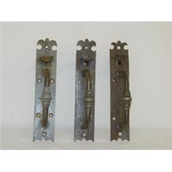 LOT (3) EARLY IRON NORFOLK DOOR LATCH W/ CROWN TOPS & PEWTER HANDLES