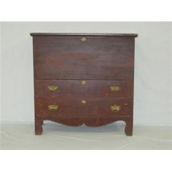 COUNTRY HEPPLEWHITE 2 DRAWER PINE BLANKET CHEST W/ OLD RED ON HIGH SHAPED BRACKET BASE