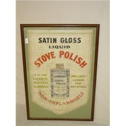 LG. 49" FRAMED LINEN ADVERTISEMENT FOR SATIN GLOSS LIQUID STOVE POLISH