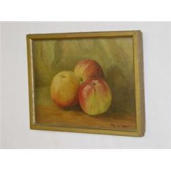 OIL ON ARTIST BOARD STILL LIFE FRUIT (PEACHES) SIGNED WM. LAVALLEY (8" X 11")