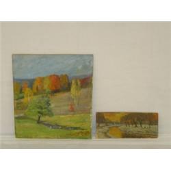 (2) OIL ON ARTIST BOARDS WOODLAND LANDSCAPES - SM. SIGNED WM. LAVALLEY (4 1/4" X 10 3/4"), LG. UNSIG