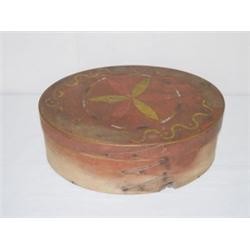 19TH CENT. 13 1/2" OVAL 3 FINGERED PANTRY BOX W/ OLD RED PAINT & PINWHEEL DESIGN PAINT ON LID
