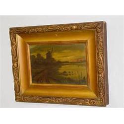 OIL ON ARTIST BOARD WINDMILL LANDSCAPE, UNSIGNED (5 1/2" x 8 1/2")