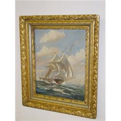OIL ON CANVAS 3 MAST SHIP AT SEA SIGNED T. BAILEY (19 1/2" X 15 1/2")