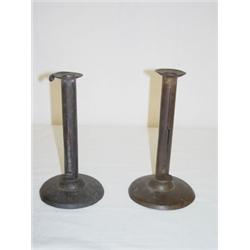 (2) 7 1/2" IRON PUSHUP HOG SCRAPER CANDLESTICKS (1) SIGNED
