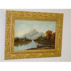 OIL ON CANVAS MOUNTAIN LAKE LANDSCAPE, UNSIGNED (11 1/2" X 17 1/2")