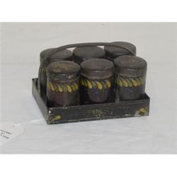 EARLY DECORATED TOLEWARE SPICE SET W/ TRAY