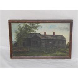 PRIMITIVE OIL ON ARTIST BOARD FARMHOUSE, UNSIGNED (7 1/2" X 11 1/2")