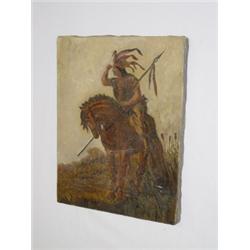 OIL ON CANVAS INDIAN ON HORSEBACK, UNSIGNED (15 3/4" X 12 1/4")