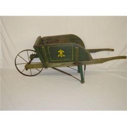 EARLY WOODEN WHEELBARROW IN GREEN PAINT & YELLOW STENCILED DECORATION