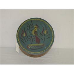 9 3/4" ROUND WOODEN PANTRY BOX W/ PA TYPE BIRD DECORATION ON LID