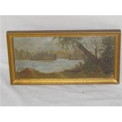 PRIMITIVE OIL ON ARTIST BOARD WOODLAND LAKE SCENE, UNSIGNED (6" X 12")