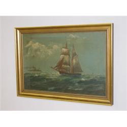 OIL ON CANVAS OCEAN SEASCAPE W/ SAILING & STEAMSHIP, UNSIGNED (19 1/2" X 29 1/2")