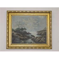 OIL PAINTING ON CANVAS - SEASCAPE W/ INLET & SHIP, SIGNED NORMAN MACQUITHY (16 1/2" X 20 1/4")