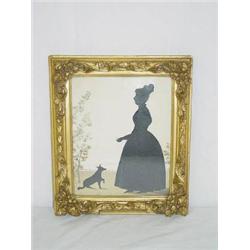 FRAMED SILHOUETTE OF LADY W/ DOG IN ORNATE GOLD FRAME