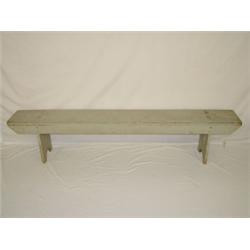 19TH CENT. 6 FT. LONG WOODEN BENCH W/ CUT OUT ENDS & OLD GRAY PAINT