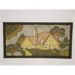 MATTED HOOKED RUG W/ COTTAGE SCENE