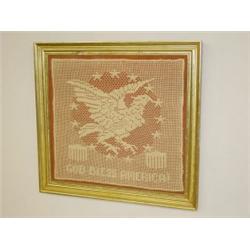 FRAMED CROCHET WORK FULL EAGLE "GOD BLESS AMERICA" IN LEMON GOLD FRAME