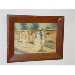 19TH CENT. WATERCOLOR COLONIAL COUPLE W/ CHAPERONE, UNSIGNED (9 1/2" X 13 1/2")