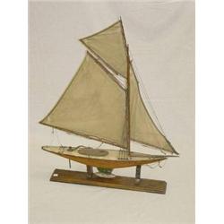 27" EARLY WOODEN POND BOAT W/ STAND & CANVAS SAILS