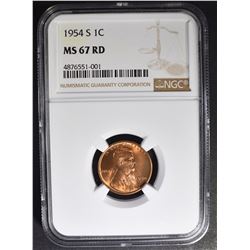 1954-S LINCOLN CENT, NGC MS-67 RED