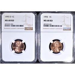 1992 & 1993-D LINCOLN CENTS, NGC MS-68 RED