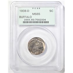 1938-D BUFFALO NICKEL, PCGS MS-65 OLD GREEN HOLDER