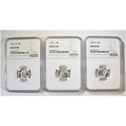 3 MERCURY DIMES NGC MS-65 FB 1937, 41-D, 43-S