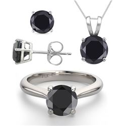 14K White Gold SET 3.20CTW Black Diamond Ring, Earrings, Necklace - REF-199R8X-WJ13342