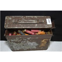 Metal ammunition crate of loose vintage .20 gauge shot gun ammunition