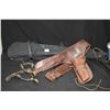 Image 1 : Selection of Western style collectibles including hip holster, a pair of spurs and a rifle scabbard 