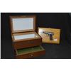 Image 1 : Quarter cut oak box with flip top and drawer and a pistol plaque