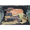 Image 1 : Wooden high explosive box containing assorted webbing including holster, leather pouches, pouches et