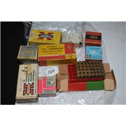 Three boxes of 7.65 mm Parabellum ammmunition including a full 50 count box of Kynoch, a 50 count bo