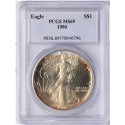 1990 $1 American Silver Eagle Coin PCGS MS69 Nice Toning