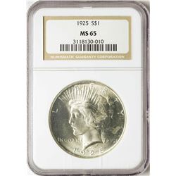 1925 $1 Peace Silver Dollar Coin NGC MS65