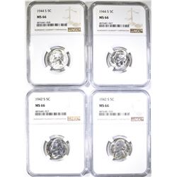 2-1942-S & 2-1944-S JEFFERSON NICKELS, NGC MS-66